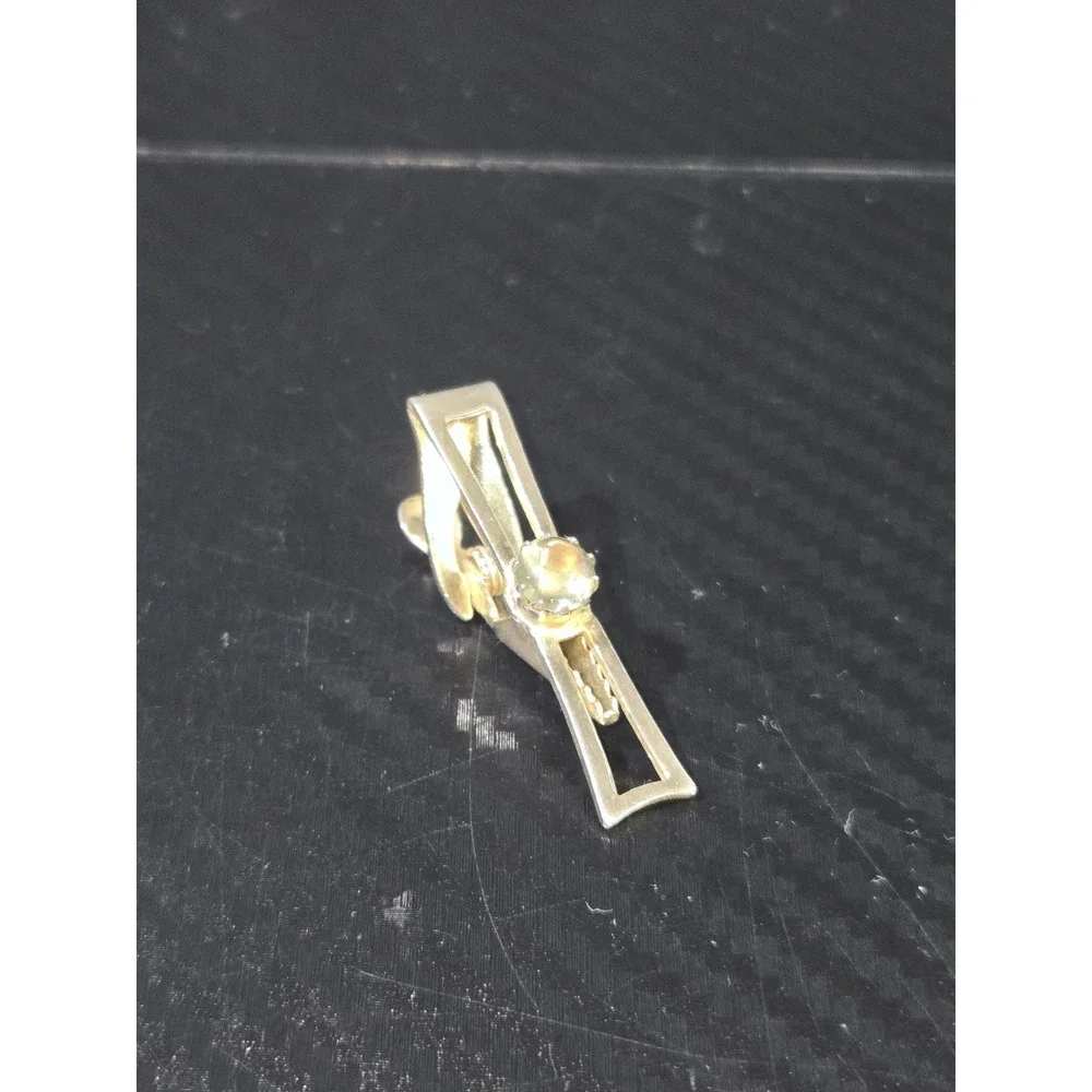 Gold Tone W/ Clear Glass Stone Tie Clip